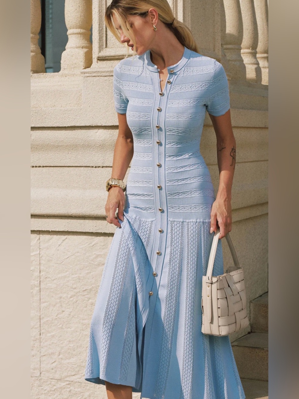 Commense Pale Blue Button-Front Knit Midi Dress - Picture 2 of 10